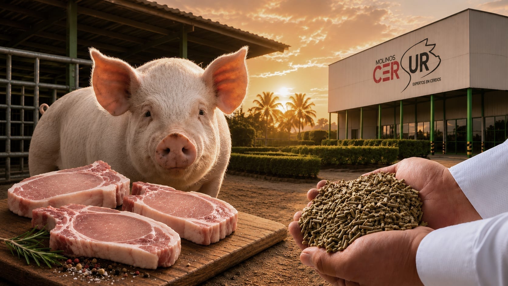Banner CERSUR: cortes frescos y cerdo en instalación; pellets de alimento y silos al amanecer — cadena integrada.